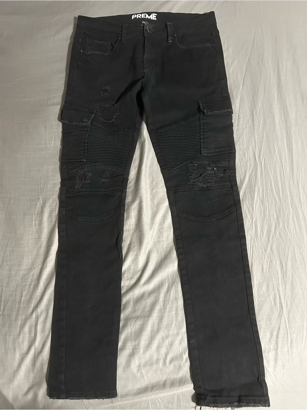 PREME Black Cargo Denim Biker Jeans Size 33x34